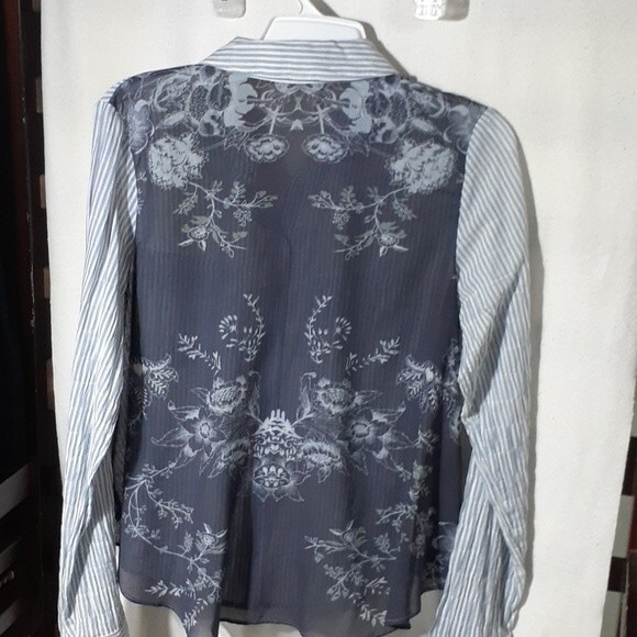 Free People shirt blue and white stripe navy floral top small s summer blouse - Picture 7 of 8